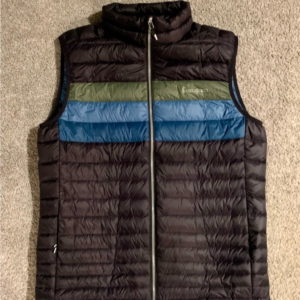 Cotopaxi Men's Fuego Black Vest with Blue and Green Stripes